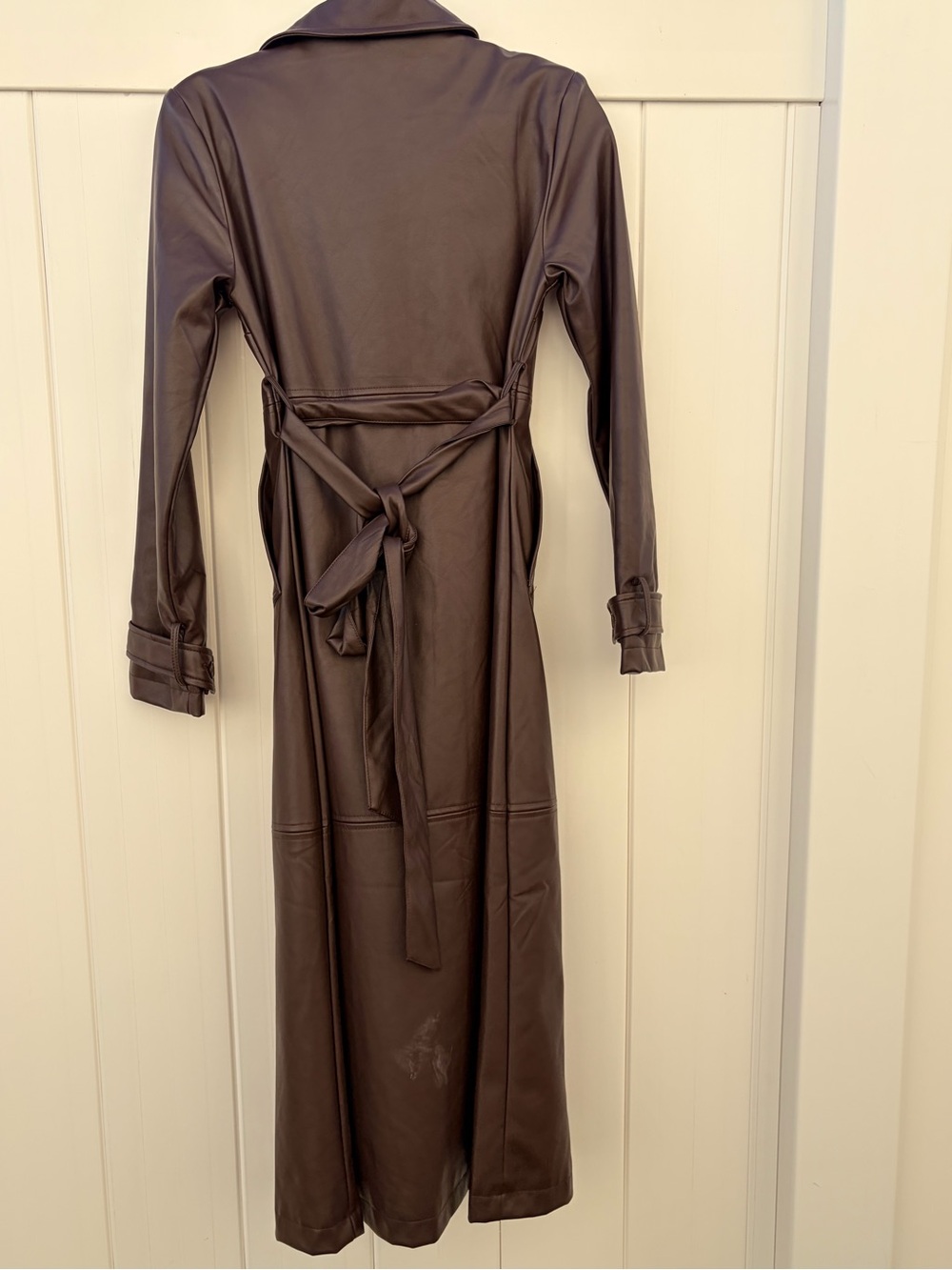 Fashion Nova Brown Faux Leather Double-Breasted Long Trench - Picture 7 of 8